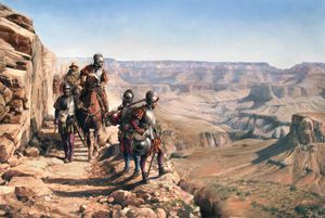 Augusto Ferrer-Dalmau의 La conquista del Colorado. 그랜드 캐니언을 내려다보는 가르시아 로페스 데 카르데나스를 묘사했다.