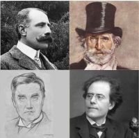 엘거(왼쪽 위), 베르디(오른쪽 위), 본 윌리엄스(왼쪽 아래), 말러(오른쪽 아래)의 머리와 어깨가 나온 사진 네 장으로 구성된 그룹 사진