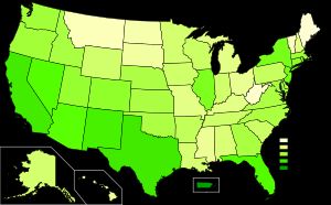 2019년 기준, 미국 인구 중 스페인어를 집에서 사용하는 5세 이상 인구의 비율(주별)