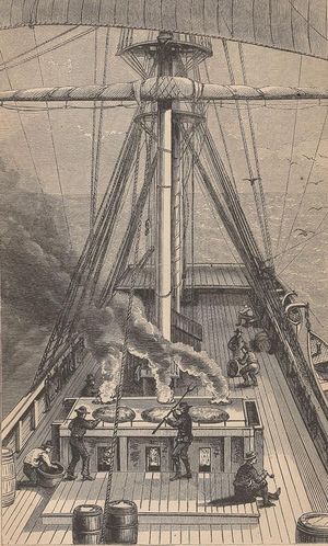 포경선 갑판에서 고래 기름을 끓이는 모습 (1874년 삽화)