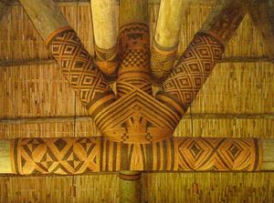 피지의 전통 가옥에서 코코넛 섬유로 만든 세닛