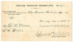 1898년 하와이 영사관의 여행 티켓 요청
