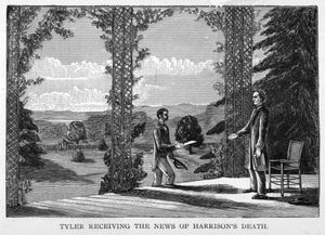 타일러가 버지니아의 현관에 서서 편지를 들고 온 한 남자를 맞이하고 있는 그림. 자막에는 "해리슨의 죽음 소식을 접한 타일러"라고 적혀 있다.