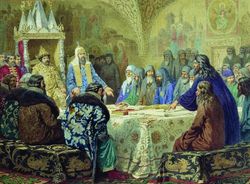 알렉세이 키브셴코. 니콘 총대주교와 에피파니 슬라비네츠키가 예배서를 개정하고 있다.