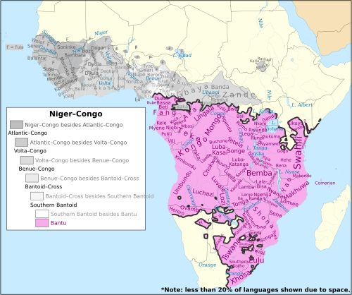 주요 반투어족 언어의 분포도(니제르-콩고어족 내). 반투어가 아닌 언어는 회색조로 표시됨.