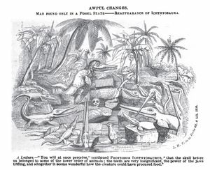 "Ichthyosaurus 교수"는 멸종된 인간의 두개골을 제자들에게 보여준다. 헨리 드 라 베체(1830)가 그린 찰스 라이엘의 캐리커처