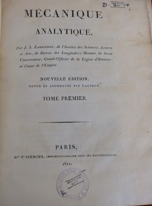 라그랑주의 "Mécanique Analytique" 제1권 표지 (1811)