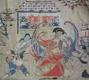 인도네시아 족자카르타의 와양 베베르에 묘사된 이스팅가르를 든 한 남자