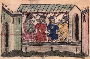 차파르 (왼쪽에서 두 번째), [[url|https://fr.wikipedia.org/wiki/Fleur_des_histoires_de_la_terre_d%27Orient|동방사의 화]]에서