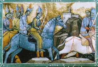 모히 전투 이후 벨러 4세를 추격하는 카단. (채색 연대기 삽화)
