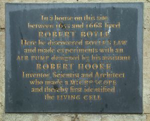 옥스퍼드에서 보일과 후크의 실험이 이루어진 장소에 있는 플라크(플라크)