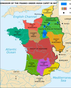 위그 카페 시대의 프랑스 왕국. 파란색은 왕실 직할령이다.