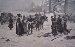 표트르 1세의 서구화 정책으로 남자들의 수염을 깎는 모습