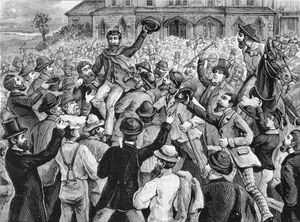 1855년 빅토리아 최고 법원 밖에 모인 대규모 군중은 유레카 반란군의 석방을 기념하고 있다.