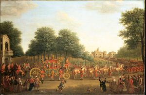 조지 3세가 1762년 국왕 마차(Gold State Coach)를 타고 의회 개원식에 참석하는 모습. 오늘날과 마찬가지로 호스 가드(Horse Guards) 건물(오른쪽)을 경유하는 경로를 이용하였다.