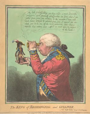 1803년 제임스 길레이(James Gillray)가 그린 조지 3세가 나폴레옹을 손바닥에 들고 있는 풍자화