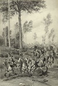 정찰 임무 중인 프랑스 후사르(hussar)들. 7월 5일 초 다뉴브 강을 성공적으로 건넌 후, 프랑스 경기병(light cavalry)은 보병 부대의 진격에 앞서 정찰 임무를 수행했다.