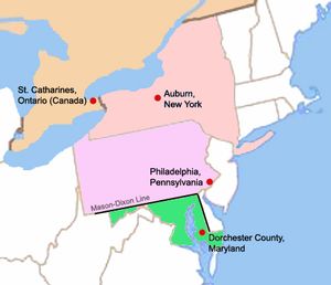 Tubman의 삶의 주요 장소를 표시한 지도