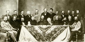 1864년 브르노 레알슐레의 다른 교수진들과 함께 있는 멘델(오른쪽에서 두 번째, "2"로 표시됨)(알렉산더 자와츠키(자연주의자)는 "1"로 표시됨).