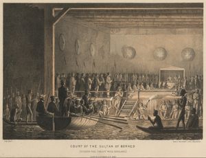 1844년 10월 23일 브루나이 궁전에서 체결된 영국-브루나이 조약 서명식.