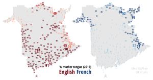 프랑스어와 영어의 분포는 지역에 따라 크게 다릅니다.