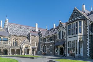 The North Quad at the Arts Centre te Matatiki Toi Ora featuring the Great Hall, Classics and Clock Tower buildings.