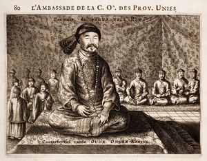 요한 니우호프가 그린 상가희의 초상화. 그는 1650년 남명 세력으로부터 광저우를 탈환했으며, 남중국 정복에 기여한 한족 장군 중 한 명이다.