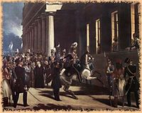 궁전에 도착한 카렐기스, 창문에는 오톤 1세와 왕비 아말리아.