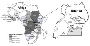 우간다 지도. 루웨로 삼각지대의 대략적인 지역.
