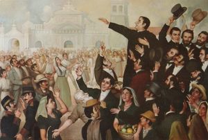 산살바도르에서 제1 독립 운동 기념 행사를 묘사한 그림. 중앙에 호세 마티아스 델가도가 있다.