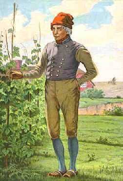 전통 의상, 특히 빨간색 토프후(tophue)를 쓴 덴마크 농부