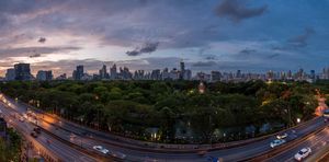 많은 나무와 호수가 있는 공원의 일몰 풍경; 배경에는 많은 건물들이 보임