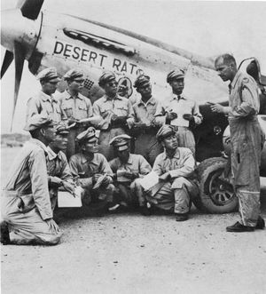 1950년 6월 27일, P-51기를 인수하며 미군 장교로부터 설명을 듣는 대한민국 공군 요원. 전열 왼쪽에서 다섯 번째가 장성환