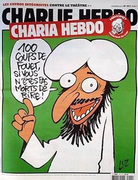 2011년 11월 3일자 샤를리 엡도(Charlie Hebdo) 표지 이미지. 샤리아 엡도(Charia Hebdo, 샤리아법 엡도)로 이름이 바뀌었다. 말풍선에는 무함마드가 "웃다 죽지 않으면 100대!"라고 말하는 모습이 나와 있다.