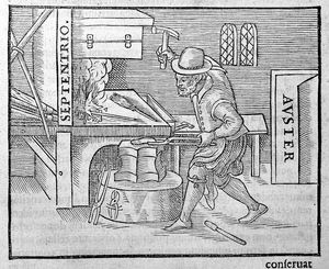 가장 초기의 나침반에 사용되는 약한 자석을 만드는 방법. 그림처럼 남북 방향으로 빨갛게 달군 철 조각을 놓고 망치로 두드리면 지구의 자기장에 의해 자화되어 약한 자석이 된다.