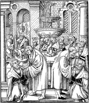 루터와 후스가 함께 두 가지 형태의 성찬을 집전하는 모습(16세기 작센 출신 그림). 루터교도와 후스파의 친밀함을 보여준다.