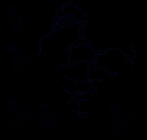 인도 무역 네트워크의 발전. 주 지도는 무굴 제국 시대 이후의 경로를 보여주며, 삽입 그림 A는 주요 선사 시대 문화 흐름, B: 마우리아 제국 이전의 경로, C: 마우리아 제국의 경로, D: 서기 1세기 경의 경로, E: 발달된 도로의 Z자형 지역을 보여준다.