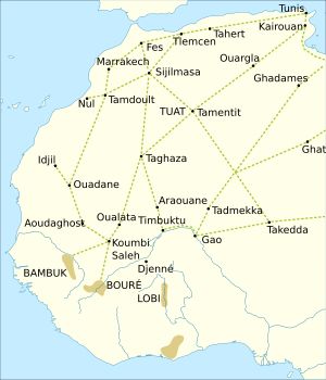 서사하라의 교역로를 따라 위치한 베르베르 중개지 시질마사, 서기 1000~1500년경. 금광은 밝은 갈색 음영으로 표시됨.