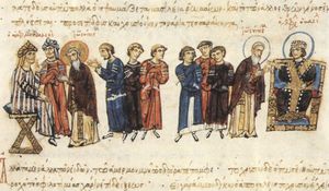 테오필로스 황제와 알마문 아바스 칼리파가 묘사된 문법학자 요한의 829년 기록