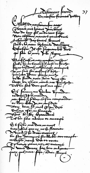 스웨덴 국립도서관에 소장된 비용의 『대유언(Le grand testament)』의 한 페이지