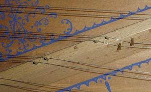 브리지(줄받침) 부분 사진. 브리지 위에는 현에 닿아 진동 길이의 한쪽 끝을 결정하는 브리지 핀이 박혀 있다.