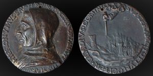 피오렌티노(Fiorentino)가 제작한 사보나롤라(Savonarola)의 이탈리아 르네상스 메달. 전기 도금, 앞면.