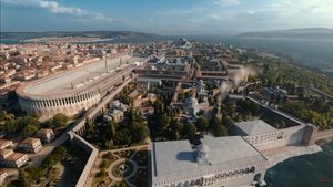 비잔티움 시대 콘스탄티노플의 가상 이미지. 오른쪽에는 대궁전 단지가 있다.