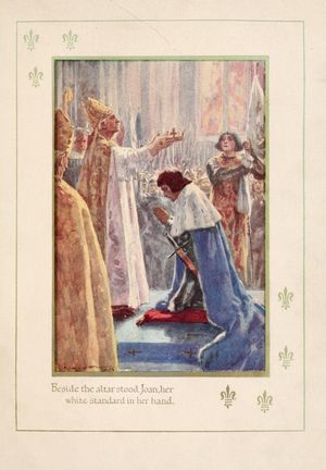 백기를 든 잔 다르크가 샤를 7세의 즉위식에 참석한 모습