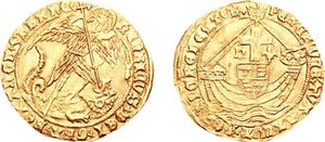 헨리 6세 후기 통치 시절 런던이나 요크에서 주조된 금화 "앤절". 대천사 미카엘(왼쪽)이 용을 처치하는 모습과 배에 실린 헨리의 문장(오른쪽)이 새겨져 있다.