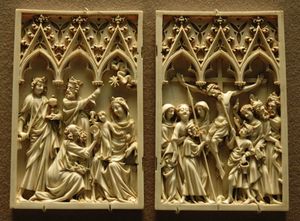 일부 색칠이 남아 있는 상아 쌍폭 그림. '동방박사 경배'와 '십자가형'. 프랑스 뫼즈 계곡.