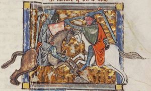 가웨인은 크레티앵의 이뱅, 또는 사자 기사 (c. 1295)의 가렛 MS. No. 125 필사본에서 이뱅과 자신도 모르게 싸운다.