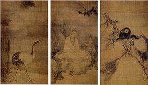 무치, 관음, 학, 그리고 긴팔원숭이, 남송(중국), 13세기, 세 폭의 족자, 비단에 먹과 채색, H: 173.9-174.2cm, 교토 대덕사 소장. 국보
