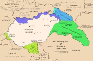 헝가리의 영토 확장 (1938–1941). 제1차 빈 중재는 보라색으로 강조됨.
