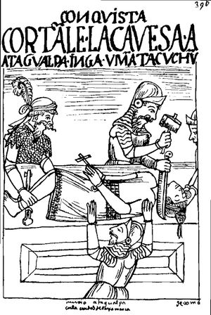 umanta kuchun}} '(그들은) 그의 목을 베었다'라고 묘사된 과만 포마의 누에바 크로니카에 있는 그림.